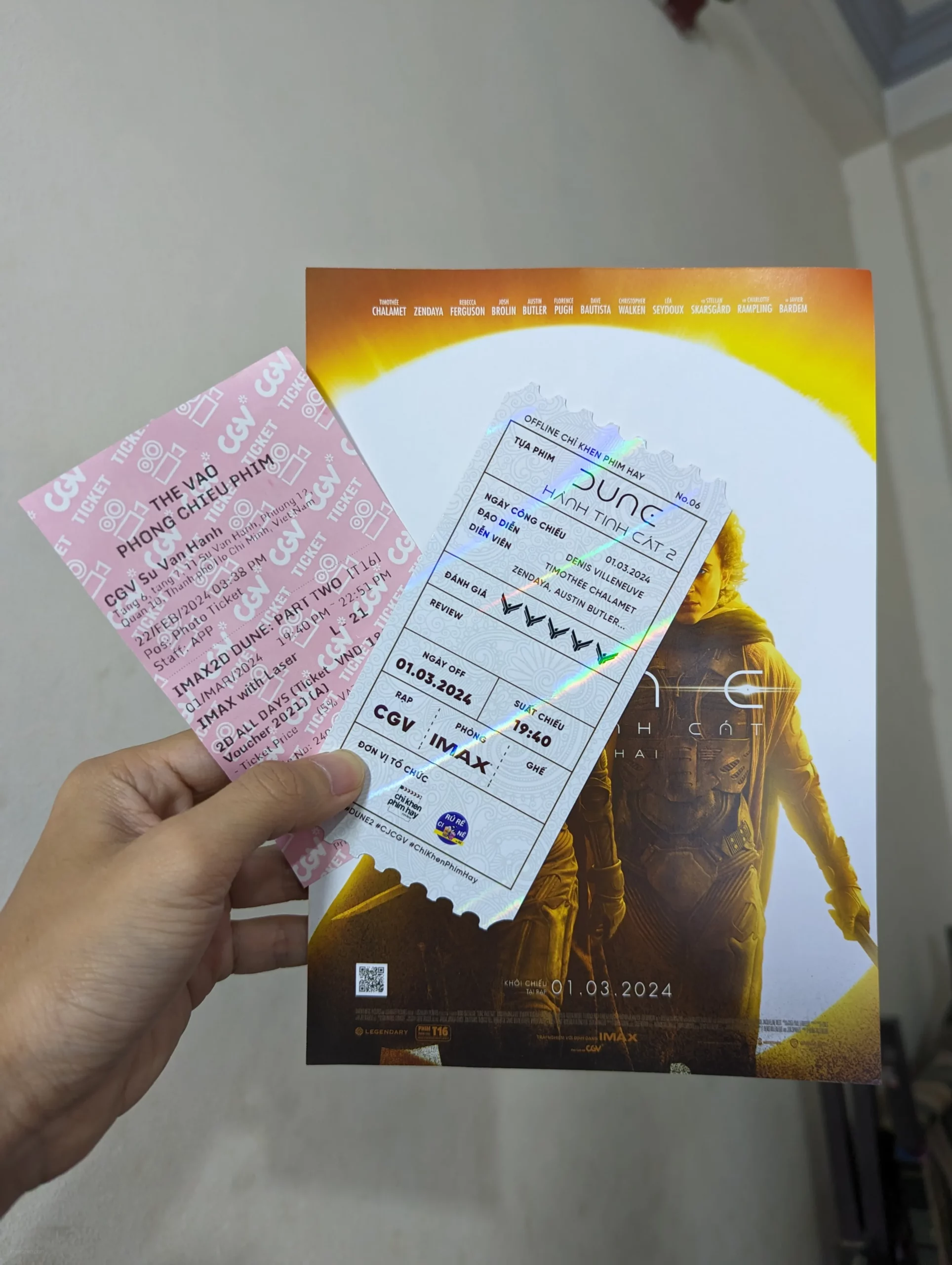 Vé lưu niệm (mặt sau) do "Chỉ Khen Phim Hay" in và tặng - phim Dune: Part Two (Dune: Hành Tinh Cát - Phần 2) suất IMAX laser