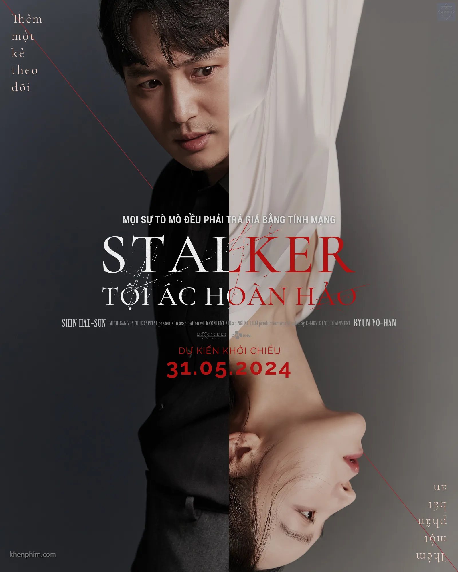 Poster phim "Stalker: Tội Ác Hoàn Hảo" sử dụng tông màu đen trắng u tối, tạo cảm giác bí ẩn và kịch tính. Nửa trên là hình ảnh nam chính Byun Yo Han với biểu cảm ám ảnh, sợ hãi. Nửa dưới là nữ chính Shin Hye Sun, gương mặt xinh đẹp nhưng lộn ngược, tạo cảm giác rùng mình, khó đoán. Dòng chữ "Mọi sự tò mò đều phải trả giá bằng tính mạng" càng kích thích sự tò mò của khán giả về một vụ án đầy bí ẩn, rùng rợn.