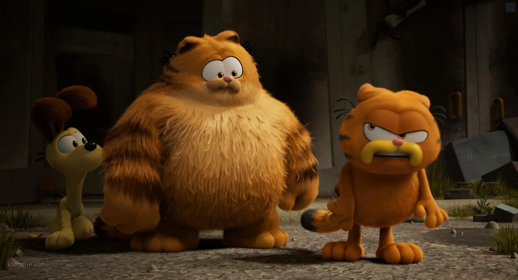 Chú chó Odie (ngoài cùng bên trái), Vic (bố của Garfield) và Garfield