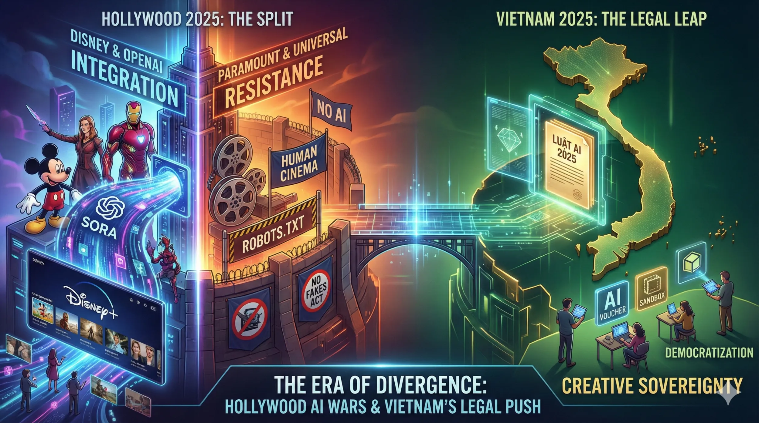 Hình minh họa cho bài viết "Đại chiến AI tại Hollywood và cú hích pháp lý cho điện ảnh Việt". Ảnh do AI tạo