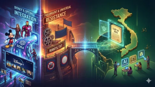 Banner cho bài viết "Đại chiến AI tại Hollywood và cú hích pháp lý cho điện ảnh Việt". Ảnh do AI tạo