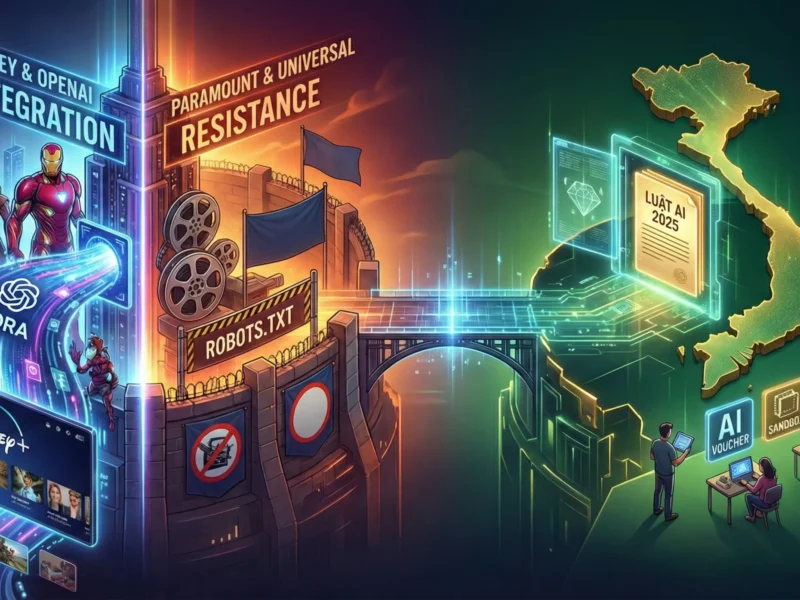 Banner cho bài viết "Đại chiến AI tại Hollywood và cú hích pháp lý cho điện ảnh Việt". Ảnh do AI tạo