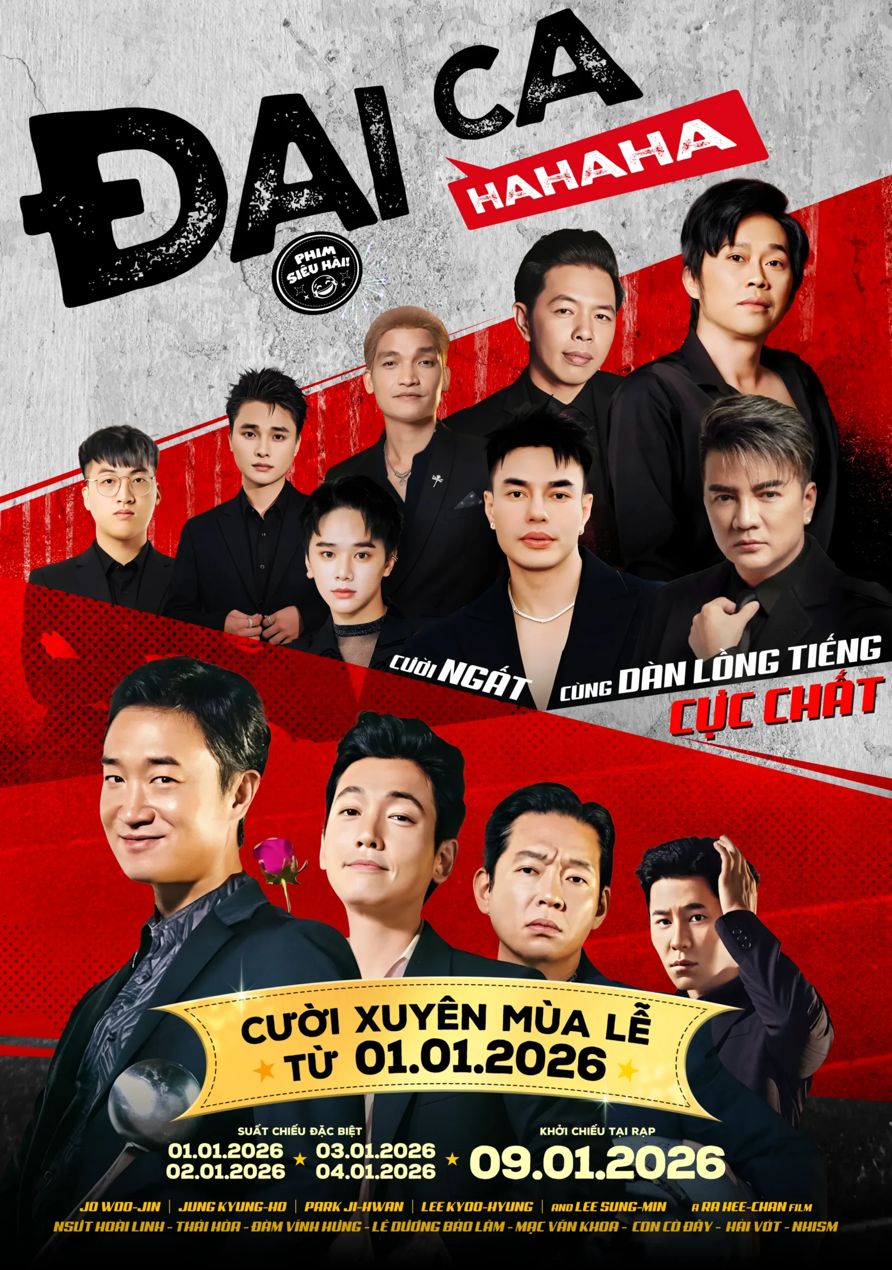 Poster phim "Đại ca hahaha" tại Việt Nam với dàn diễn viên lồng tiếng Việt được làm nổi bật ở nửa trên